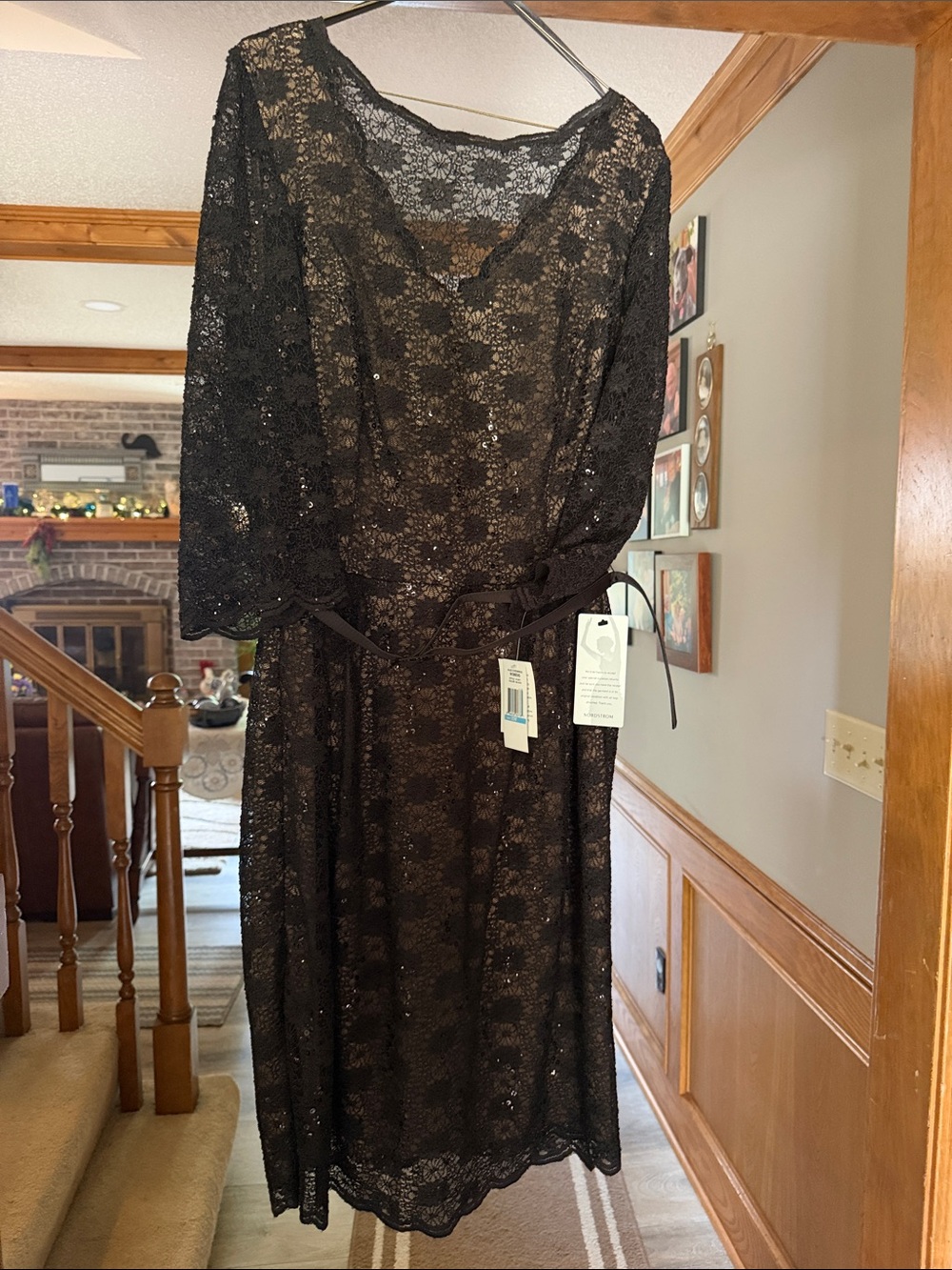 Alex Evenings Black Lace V-Neck Midi Dress with Belt